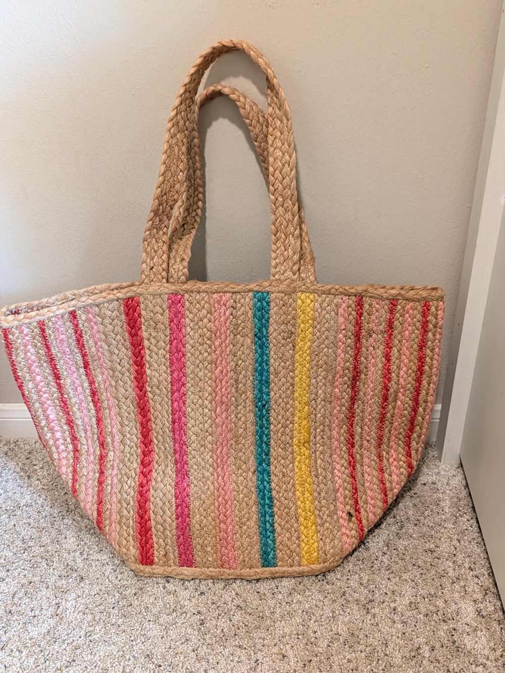 Striped Woven Jute Tote Bag - Natural with Pink, Teal & Yellow Stripes